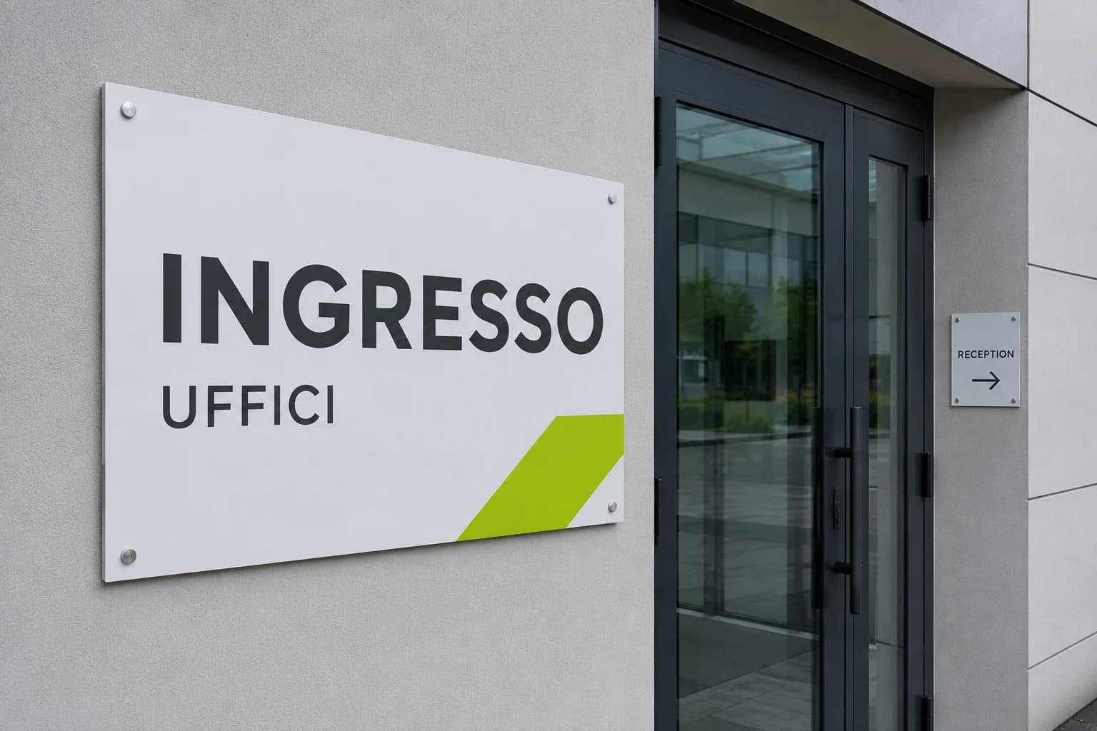 Esempio illustrativo di cartello aziendale stampato su pannello rigido all’ingresso di un ufficio