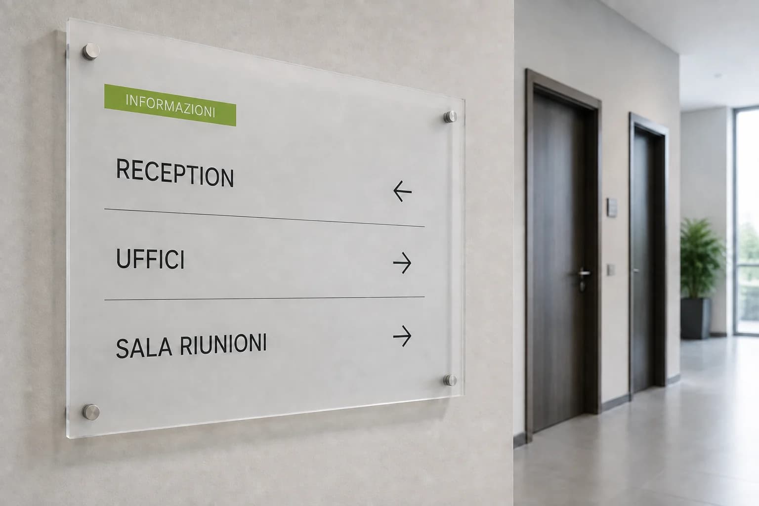 Esempio illustrativo di segnaletica direzionale in plexiglass con frecce per reception, uffici e sala riunioni