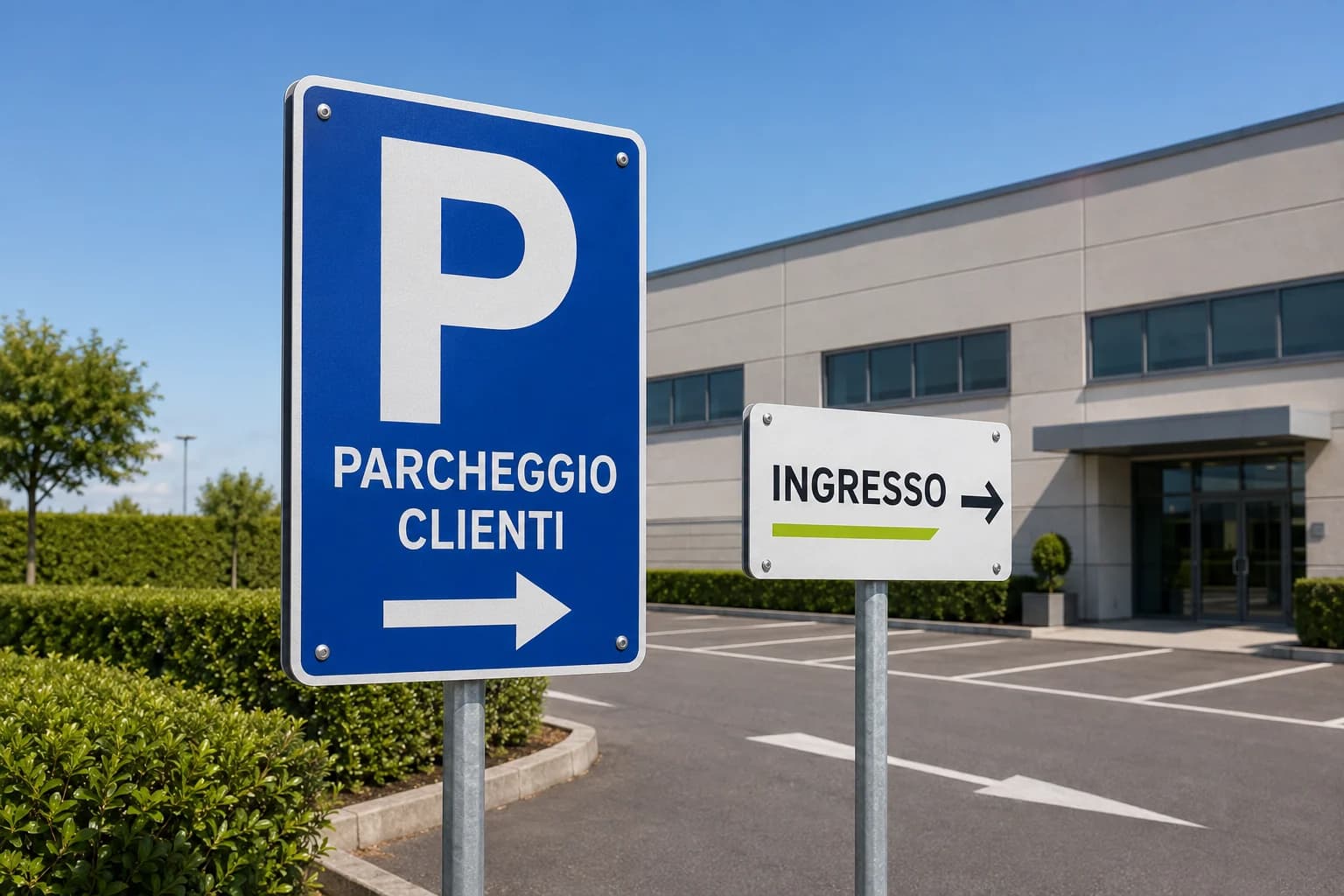 Esempio illustrativo di cartelli su palo per parcheggio clienti e accesso aziendale