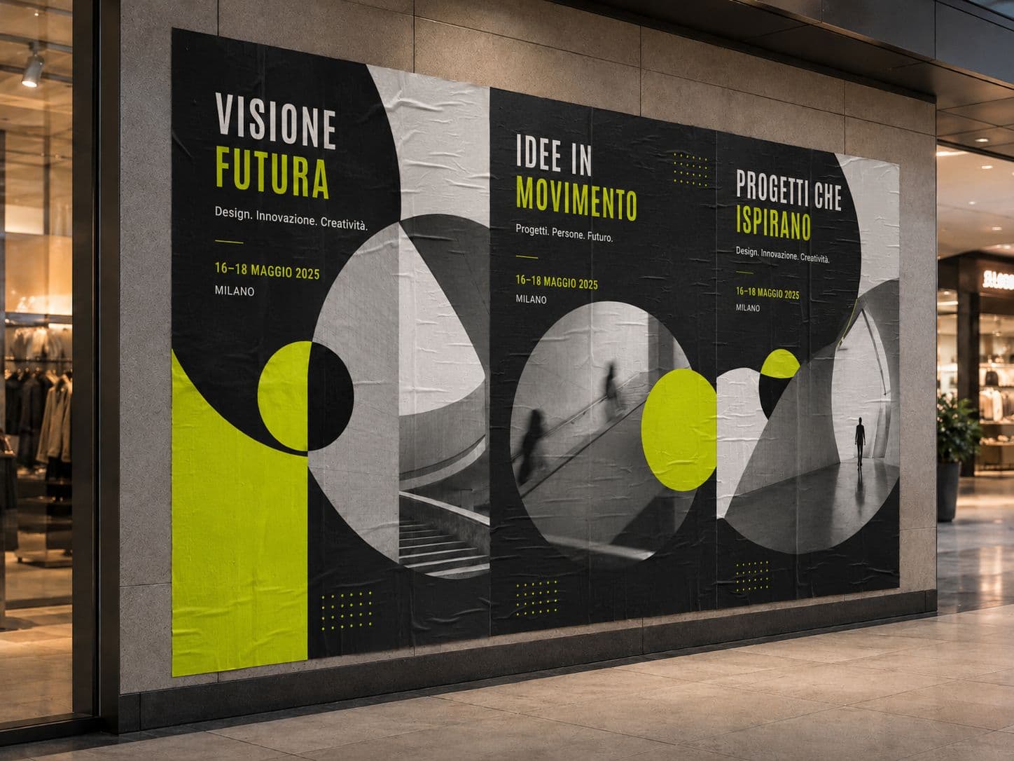 Manifesti coordinati esposti in uno spazio pubblico